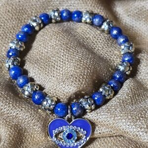 Blue Beaded Heart Charm Bracelet with Crystal Eye Accent